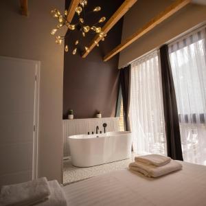 baño con bañera y ventana grande en Pine Villas Brezovice en Brezovica