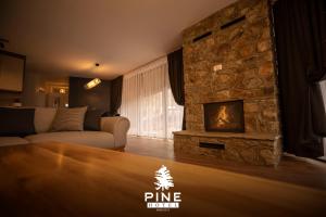 a living room with a stone fireplace and a couch at Pine Villas Brezovice in Brezovica