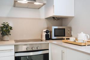 kuchnia z kuchenką mikrofalową i kuchenką górny piekarnik w obiekcie Guadalquivir Terrace Suite Apartments w Sewilli