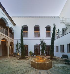 a courtyard with a fountain in front of a building at Apartamentos Los Patios del Pañuelo in Córdoba