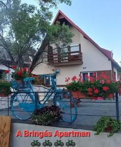 ein blaues Fahrrad, das vor einem Gebäude geparkt ist in der Unterkunft A Bringás Apartman in Balatonfüred