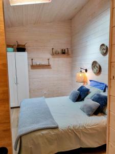 a bedroom with a large bed with blue pillows at La Cabane de Didi in Andernos-les-Bains