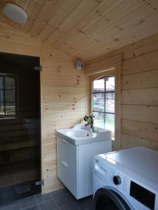 Ett badrum på Timber cottages with jacuzzi and sauna near lake Vänern