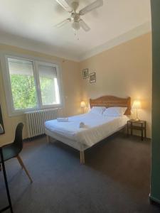 um quarto com uma cama grande e 2 janelas em Maison De Savoie em Saint-Pierre-dʼAlbigny