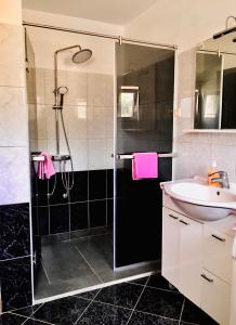 uma casa de banho com um chuveiro e um lavatório. em Apartmani Nina em Sibenik