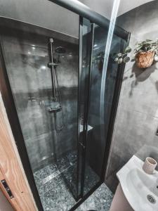 una ducha con una puerta de cristal junto a un lavabo en Domek pod Lawędą, Roztocze, 