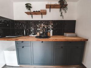 a kitchen with a counter with a sink at Domek pod Lawendą, Roztocze in Rebizanty