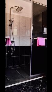 a bathroom with a shower with pink towels at Apartmani Nina in Šibenik