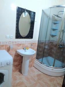 ein Bad mit einem Waschbecken und einer Dusche in der Unterkunft Apartment On 26 May Str in Batumi