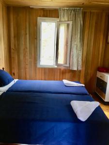 a bedroom with two blue beds and a window at Green house in Gonio economy class in Kvariati