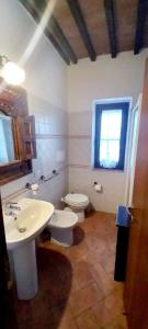 een badkamer met een wastafel, een toilet en een raam bij Agriturismo La Casina in Saturnia