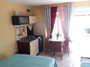 Dieses kleine Zimmer verfügt über eine Küche und einen Tisch mit einem Tisch. in der Unterkunft Nice home with private terrace situated near the beach in Tribanj-Krušćica