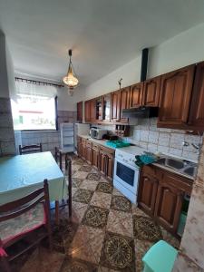 a kitchen with wooden cabinets and a table with a sink at Norma 3 in Novigrad Istria +7 photos