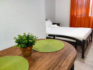 una camera con due letti e un tavolo con una pianta di Panos Apartment Kanoni Corfu a Análipsis