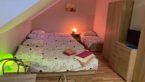 a small bedroom with two beds and a tv at Pokoje Grey in Okuninka +3 photos