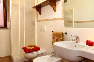a bathroom with a sink and a toilet and a mirror at Agriturismo Bocci in Castiglione della Pescaia