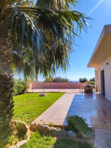 a garden with a palm tree and a patio at Villa Alexander 2 in Triopetra