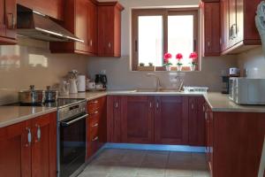 cocina con armarios de madera, fregadero y ventana en Celine Deluxe Apartment en Lefkada