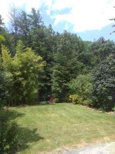 un patio con césped y árboles en Camping jardin La Vie en Vert en Ariège, en Augirein