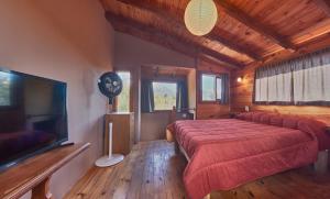 1 dormitorio con 1 cama y TV de pantalla plana en Cabañas Hechas a Mano con Vista al Cerro Catedral en San Carlos de Bariloche