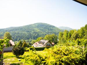 une maison dans un champ avec des montagnes en arrière-plan dans l'établissement Apartament Lux View Szczyrk, à Szczyrk 41 autres photos