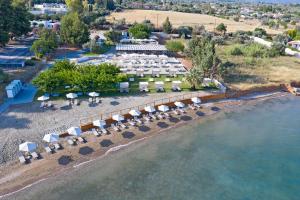 una vista aérea de una playa con sillas y sombrillas en Eretria Hotel & Spa Resort en Eretria