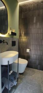 Un baño con lavabo, inodoro y espejo. en w lesie, en Skrwilno 60 fotos más