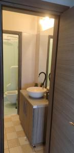 uma casa de banho com um lavatório e um espelho em Pegasus apartment em Tessalônica