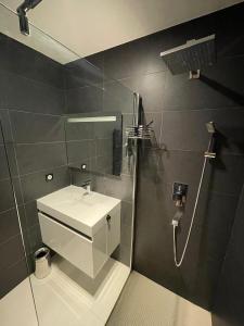 a bathroom with a shower and a white sink at LA MAUVIERE - 75m2 - 4pers - Parking - Wifi in Cassis