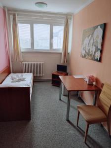 a room with a bed and a desk and a table at BEST Hotel Garni in Olomouc