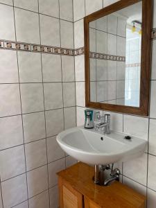 a bathroom with a sink and a mirror at Haus Mohnke in Hiddensee