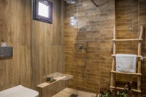 a bathroom with a shower with a toilet and a television at Avithos Resort Hotel in Svoronata