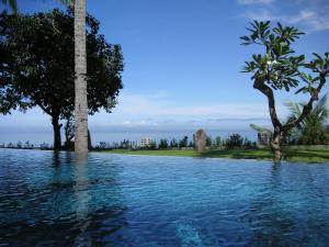 een zwembad met bomen en de oceaan op de achtergrond bij Imaj Private Villas in Senggigi 