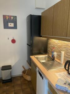 een keuken met een spoelbak en een koelkast bij Bachlauf in Nahrendorf