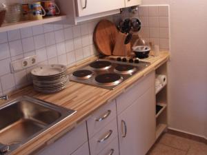 Stöcklhof - Ferienwohnung في Rottau: مطبخ مع مغسلة وموقد فرن علوي