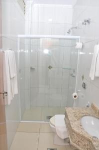 uma casa de banho com um chuveiro, um WC e um lavatório. em Lotus Hotel - à 6 km do Santuário de Aparecida-SP em Guaratinguetá