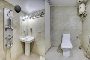 2 fotos de un baño con aseo y lavabo en FabHotel CSFC Near Bhopal Railway Station en Bhopal
