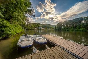 dwie łodzie zacumowane w porcie nad jeziorem w obiekcie Hotel Csillag Tokaj w Tokaju