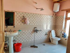 a bathroom with a toilet and a sink at Maney Homestay - Thiksey - Leh in Ranbirpura