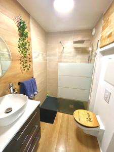 a bathroom with a sink and a toilet and a shower at L IROIZH CONCARNEAU VUE MER STUDIO STANDING PARKING draps inclus in Concarneau