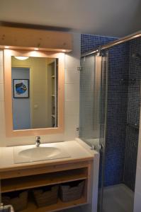 Un baño con lavabo y ducha con espejo. en Lac paradisiaque, en Duingt 12 fotos más