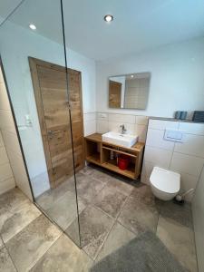 a bathroom with a shower and a toilet and a sink at Haus Jäger in Lermoos +26 photos