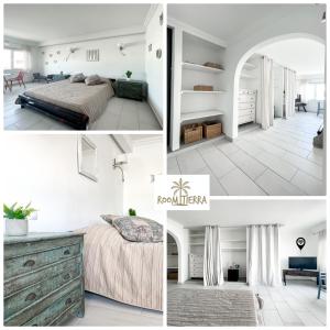 a collage of photos of a bedroom and a living room at Room Tierra wifi free private bathroom , central town in Corralejo