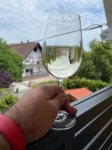 une personne détenant un verre de vin blanc dans l'établissement Vár-Lak Resort, à Balatonederics