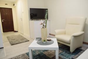 a living room with a chair and a vase on a table at ĐILL Apartment in Subotica