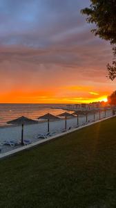 a beach with chairs and umbrellas at sunset at Apartments Karmen Funtana in Funtana