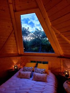 a bed in a room with a large window at Les Etoiles de Morphée in Auriac-sur-Vendinelle