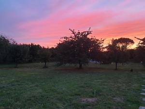 um pôr-do-sol num campo com árvores num campo em Les Etoiles de Morphée em Auriac-sur-Vendinelle