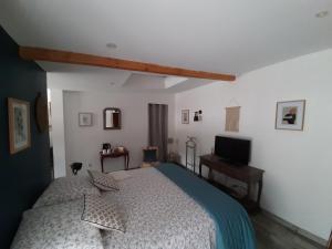 - une chambre avec un grand lit et une télévision dans l'établissement La Colinière, Chambre d'hôtes, à Aix-en-Provence