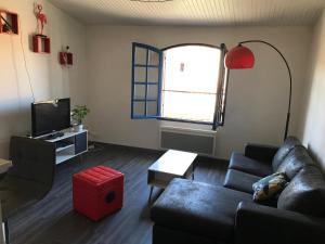 salon z kanapą i telewizorem w obiekcie Appartement avec vue sur la tour Barberousse w mieście Gruissan